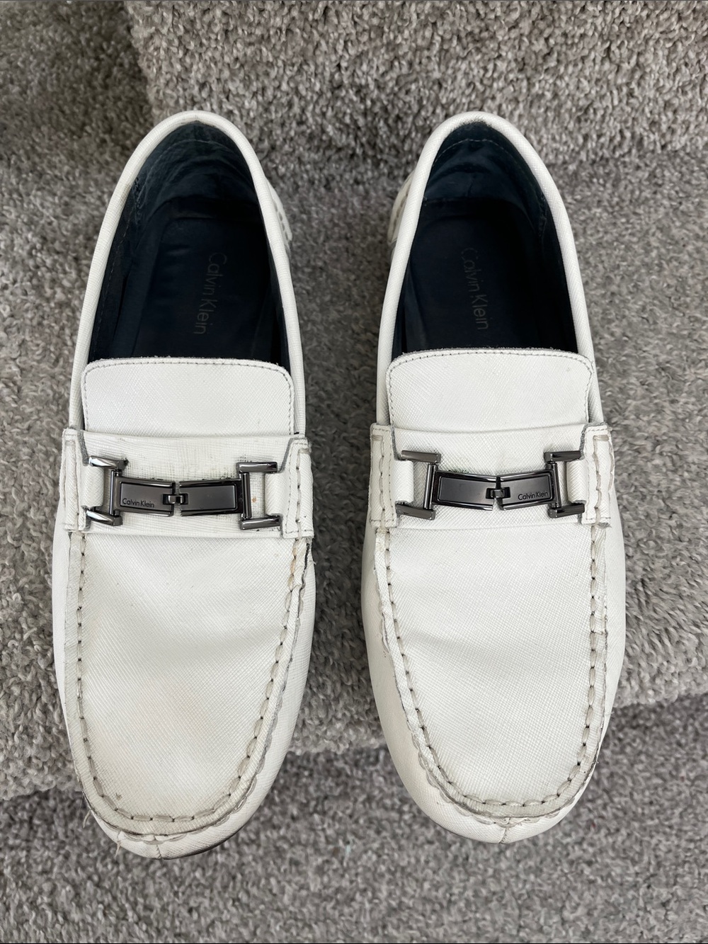 Calvin Klein White Leather Slip-On Loafers with Silver Bit